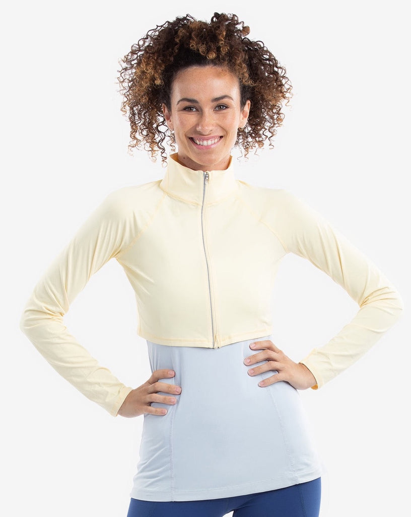 Women wearing lemon yellow full zip crop top over tank top with leggings. (Style 4010) - BloqUV