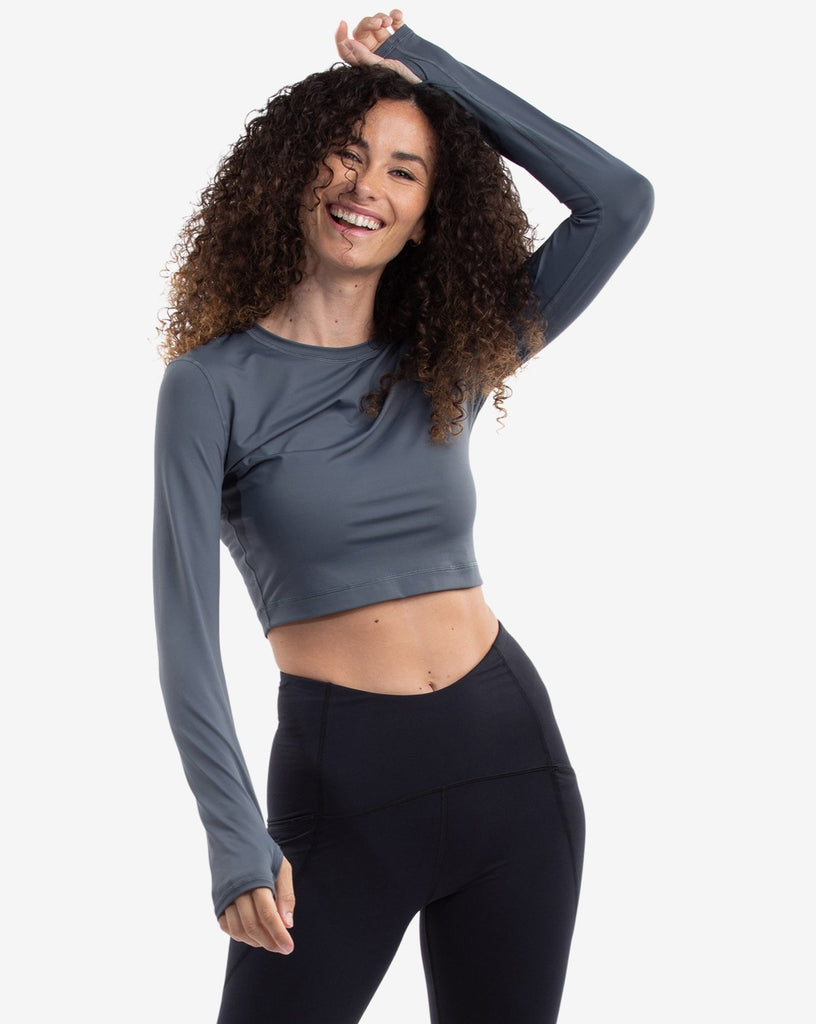 Women wearing smoke everyday crop top with black leggings. (Style 4015) - BloqUV