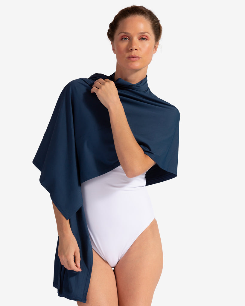 Women wearing midnight blue blanket wrap around her shoulders (Style 5000) - BloqUV