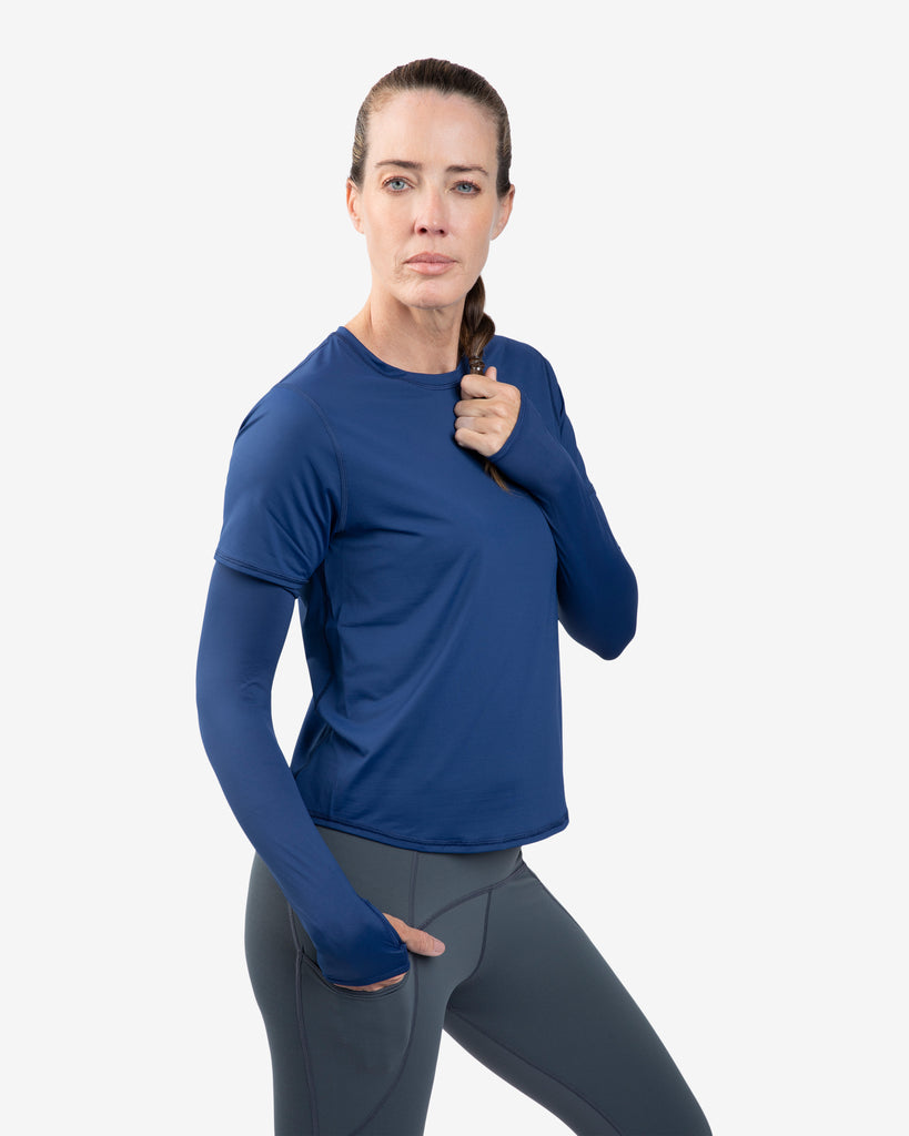 Women wearing navy color unisex sleeves with short sleeve navy crew shirt. (Style 5005) - BloqUV