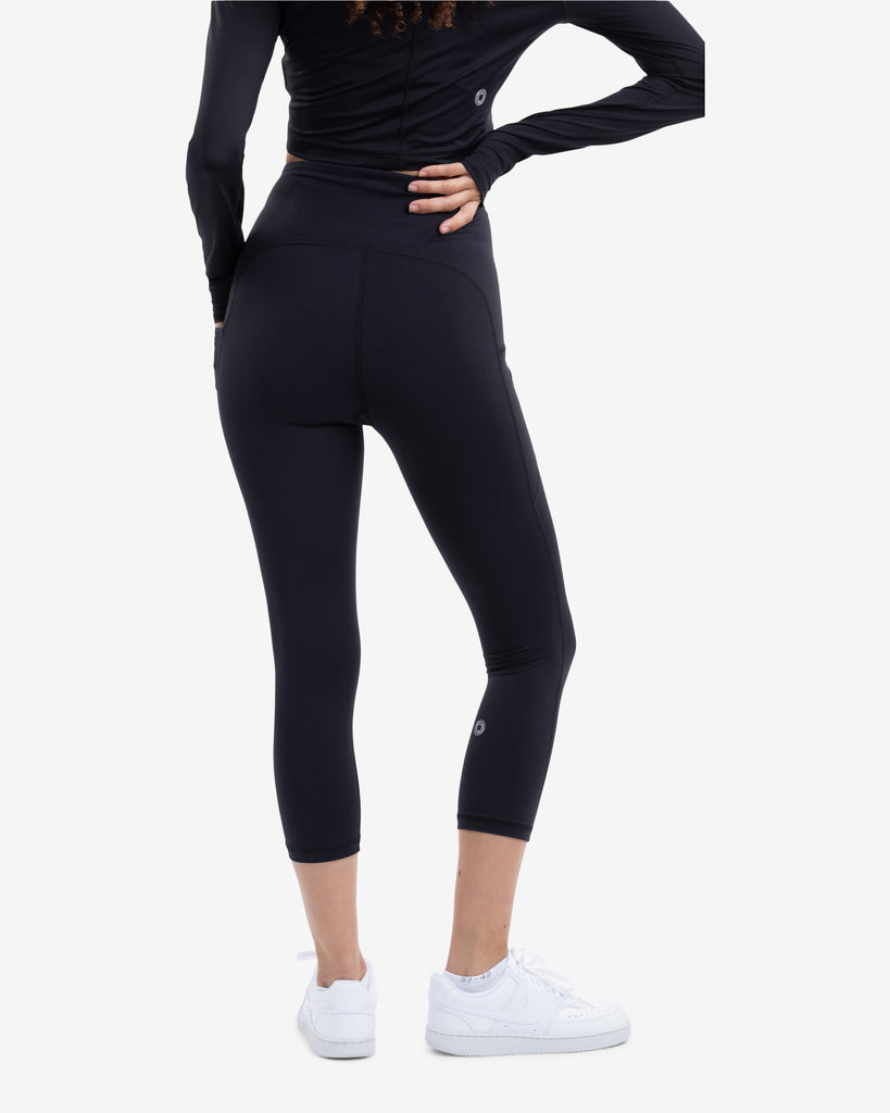 Women wearing compression capri leggings in black. Back view shown. (Style 6103) -BloqUV