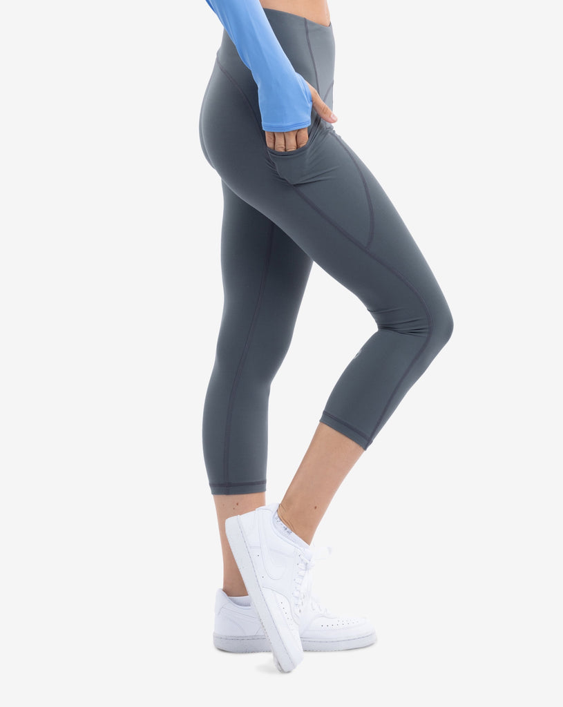 Women wearing compression capri leggings in smoke. Side view showing pocket. (Style 6103) -BloqUV