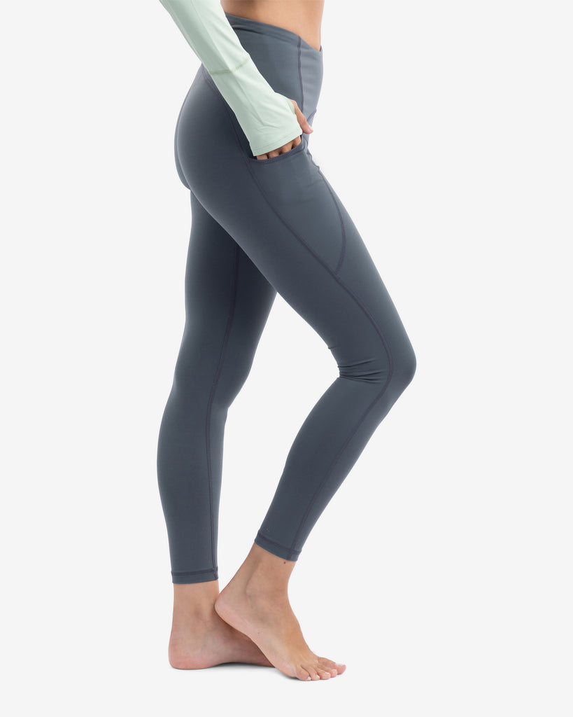 Women wearing compression capri leggings in smoke. Side view showing pocket. (Style 6107) -BloqUV