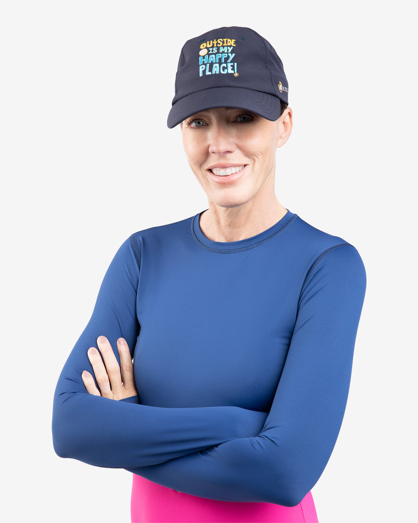 Navy cap with message saying outside is my happy place. (Style 5205) - BloqUV